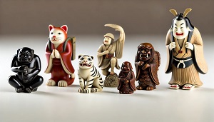 DALLE 2024 10 26 14.27.52 A high quality image showcasing five traditional Japanese netsukes. Each netsuke is intricately crafted representing diverse themes an animal figure